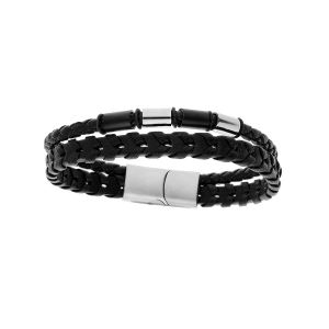 BRACELET ACIER ET CUIR 2 RANGS TRESSE NOIRE ET PVD NOIR 20CM +1CM DOUBLE FERMOIR