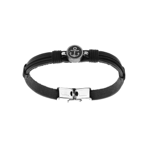 BRACELET ACIER ET CUIR BOVIN NOIR RONDELLE ANCRE 20,5CM RÉGLABLE
