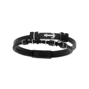 BRACELET ACIER ET CUIR 2 RANGS TRESSE NOIRE ET PVD NOIR MOTIF ANCRE DOUBLE FERMOIR 19CM +1CM
