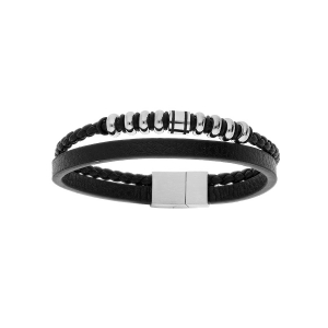 BRACELET ACIER ET CUIR BOVIN 2 RANGS TRESSE NOIRE 20CM +1CM DOUBLE FERMOIR
