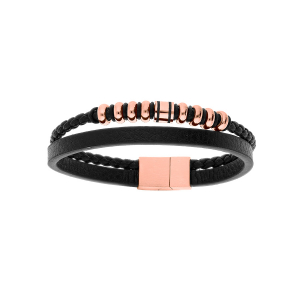 BRACELET ACIER ET CUIR BOVIN 2 RANGS TRESSE NOIRE ET PVD ROSE 20CM +1CM DOUBLE FERMOIR