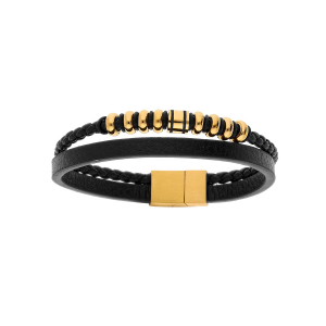 BRACELET ACIER ET CUIR 2 RANGS TRESSE NOIRE ET PVD DORÉ 20CM +1CM DOUBLE FERMOIR