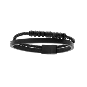 BRACELET ACIER ET CUIR BOVIN 2 RANGS TRESSE NOIRE ET PVD NOIR 19CM +1CM DOUBLE FERMOIR