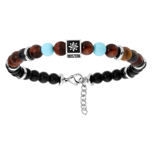 BRACELET ACIER BOULES ONYX ET OEIL DE TIGRE CUBE MOTIF 19,5+2,5CM