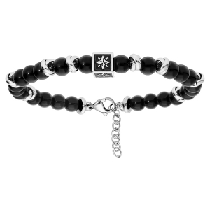BRACELET ACIER BOULES ONYX CUBE MOTIF ROSE DES VENTS 19,5+2,5CM