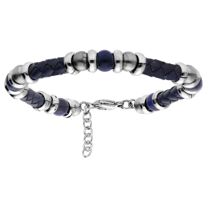 BRACELET ACIER SIMILI CUIR BLEU ET BOULES AGATE BLEU 19+3CM