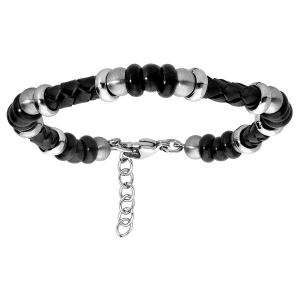 BRACELET ACIER SIMILI CUIR NOIR ET BOULES PVD NOIR 18+3CM