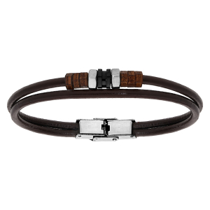 BRACELET ACIER 2 FILS CUIR BOVIN MARRON ET BOIS 21CM RÉGLABLE