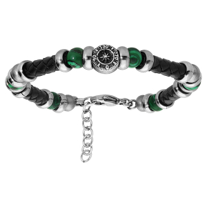 BRACELET ACIER SIMILI CUIR NOIR MOTIF BOUSSOLE ET BOULES OEIL DE TIGRE VERT 18+3CM