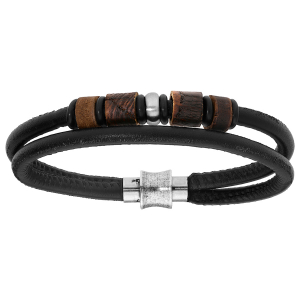 BRACELET ACIER 2 FILS CUIR BOVIN NOIR ET BOIS FERMOIR AIMANTÉ 21,5CM