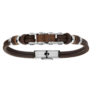 BRACELET ACIER CUIR BOVIN MARRON ET BOIS RÉGLABLE 20CM