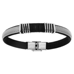 BRACELET ACIER CUIR BOVIN GRIS ET TISSU NOIR 21CM RÉGLABLE