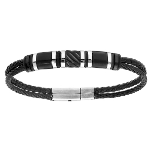 BRACELET ACIER CUIR BOVIN NOIR ET CABLE NOIR 20CM