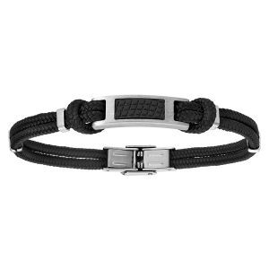 BRACELET ACIER ET 2 RANGS COTON NOIR 21CM RÉGLABLE