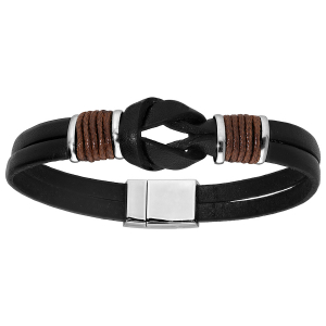 BRACELET ACIER ET CUIR BOVIN NOIR COTON MARRON RÉGLABLE 21CM