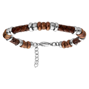 BRACELET ACIER ET SIMILI CUIR MARRON ET PVD MARRON ET GRIS 18+3CM
