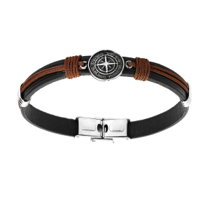 BRACELET ACIER ET CUIR BOVIN NOIR COTON MARRON RONDELLE BOUSSOLE 20,5CM RÉGLABLE