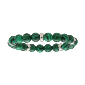 BRACELET HOMME  EXTENSIBLE BOULES MALACHITE IMITATION RONDELLES ACIER 60MM