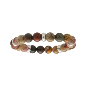 BRACELET EXTENSIBLE BOULES JASPE PICASSO VERITABLE RONDELLES ACIER 60MM