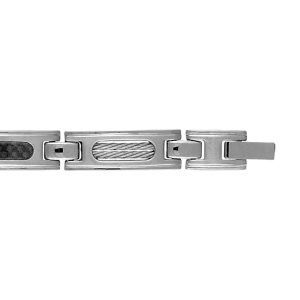 BRACELET ACIER CARBONE + 2 RANGS CABLE 19CM+1,5CM REGLABLE DOUBLE FERMOIR