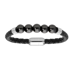 BRACELET ACIER ET SIMILI CUIR NOIR AVEC BOULES HEMATITE VERITABLE FERMOIR AIMANTÉ 21,5CM