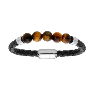 BRACELET ACIER ET SIMILI CUIR NOIR AVEC BOULES OEIL DE TIGRE VERITABLE FERMOIR AIMANTÉ 21,5CM
