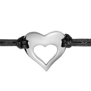 BRACELET ACIER CORDON NOIR CENTRE COEUR DECOUPE 17CM +2CM