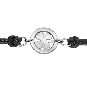 BRACELET ACIER CORDON NOIR CENTRE TREFLE 17CM+2CM