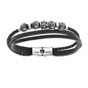 BRACELET ACIER ET CUIR BOVIN NOIR 3 RANGS BOULES PIERRE DE LAVE 20CM RÉGLABLE