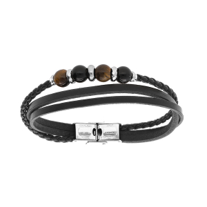 BRACELET ACIER ET CUIR BOVIN NOIR 3 RANGS BOULES OEIL DE TIGRE ET BOULES NOIRES 21CM RÉGLABLE