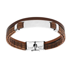 BRACELET ACIER ET CUIR BOVIN MARON 2 RANGS AVEC PLAQUE IDD 20,5CM RÉGLABLE