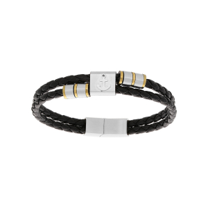 BRACELET ACIER ET CUIR BOVIN 2 TRESSES MARRON MOTIF ANCRE PVD 21CM