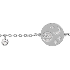 BRACELET ACIER MEDAILLE LUNE ETOILES  AVEC STRASS ET PAMPILLE OXYDE 16+3CM