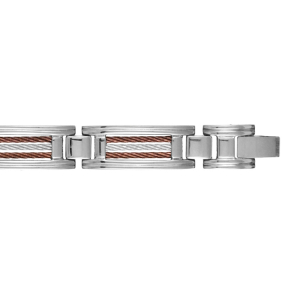 BRACELET ACIER 2 CABLES MARRON ET 1 GRIS CENTRAL 22CM+1CM REGLABLE DOUBLE FERMOIR