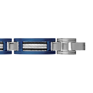 BRACELET ACIER 2 CABLE NOIRS 1 GRIS CENTRAL CADRE PVD BLEU DOUBLE FERMOIR 21,5CM+1CM