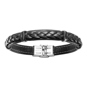 BRACELET ACIER ET CUIR BOVIN NOIR MODELE HOMME  20CM REGLABLE