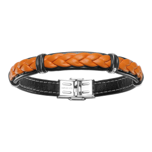 BRACELET ACIER ET CUIR BOVIN ORANGE ET NOIR MODELE HOMME  20CM REGLABLE