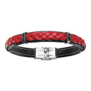 BRACELET ACIER ET CUIR BOVIN ROUGE ET NOIR MODELE HOMME  20CM REGLABLE