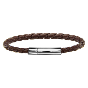 BRACELET FERMOIR ACIER TRESSE CUIR BOVIN VÉRITABLE 5MM MARRON 19CM