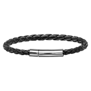 BRACELET FERMOIR ACIER TRESSE CUIR BOVIN VÉRITABLE 5MM NOIR 19CM