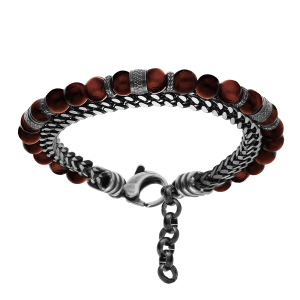 BRACELET ACIER BOULES OEIL DE TIGRE ROUGE VÉRITABLE ET 1 RANG CHAINAGE 20+2.5CM