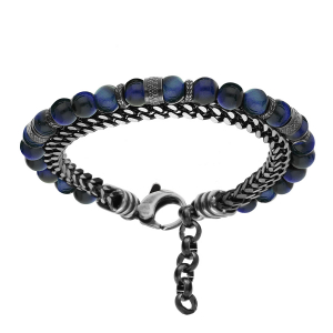 BRACELET ACIER BOULES OEIL DE TIGRE BLEU VÉRITABLE ET 1 RANG CHAINAGE 20+2.5CM