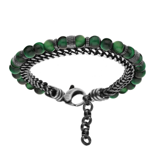 BRACELET ACIER BOULES OEIL DE TIGRE VERT VÉRITABLE ET 1 RANG CHAINAGE 20+2.5CM
