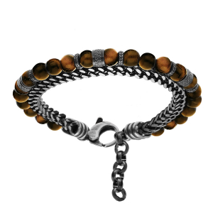 BRACELET ACIER BOULES OEIL DE TIGRE VÉRITABLE ET 1 RANG CHAINAGE 20+2.5CM