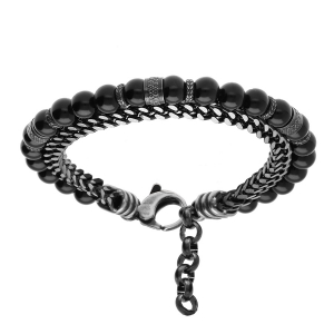 BRACELET ACIER BOULES ONYX VÉRITABLE ET 1 RANG CHAINAGE 20+2.5CM