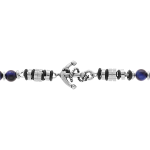 BRACELET ACIER BOULES OEIL DE TIGRE BLEU VÉRITABLE AVEC ANCRE 19+3CM