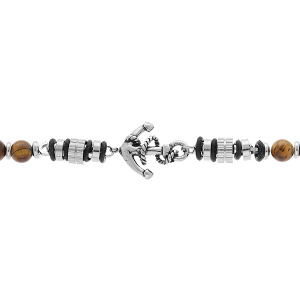 BRACELET ACIER BOULES OEIL DE TIGRE VÉRITABLE MARRON AVEC ANCRE 19+3CM
