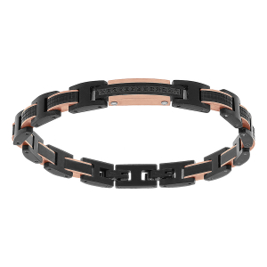 BRACELET ACIER ET PVD NOIR ET ROSE PLAQUE IDD  PIERRES NOIRES 20CM + 1CM RÉGLABLE DOUBLE FERMOIR