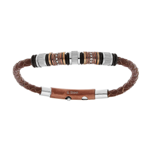 BRACELET ACIER ET CUIR BOVIN MARRON MOTIFS PVD NOIR ET ROSE 21,5CM AJUSTABLE 19CM