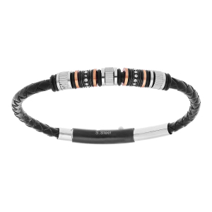 BRACELET ACIER ET CUIR BOVIN NOIR MOTIFS PVD NOIR ET ROSE 21,5CM AJUSTABLE 19CM